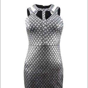 Guess Metallic Silver and Black Cage Neck Cocktail Dress